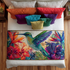 Tropical Hummingbird quilted bed runner – hummingbird among tropical flowers