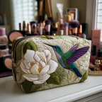 Hummingbird Meadow quilted make-up bag with hummingbird visiting a white magnolia on sage quilting