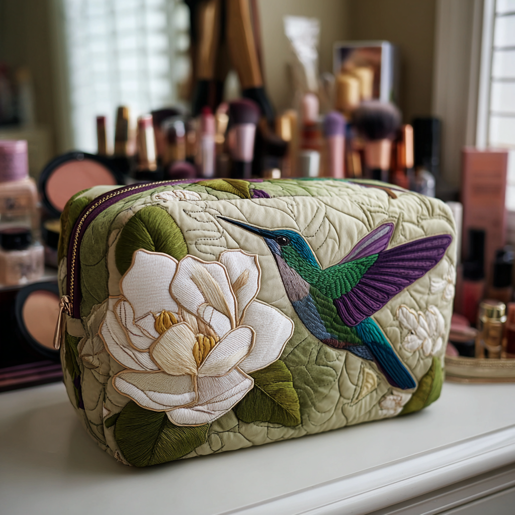 Hummingbird Meadow quilted make-up bag with hummingbird visiting a white magnolia on sage quilting