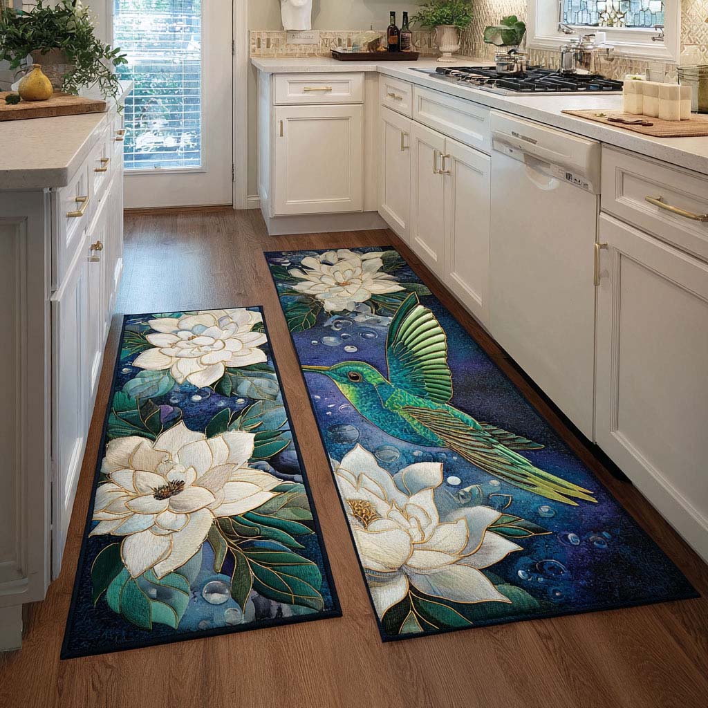 Hummingbird Melody kitchen mat set – hummingbird on navy