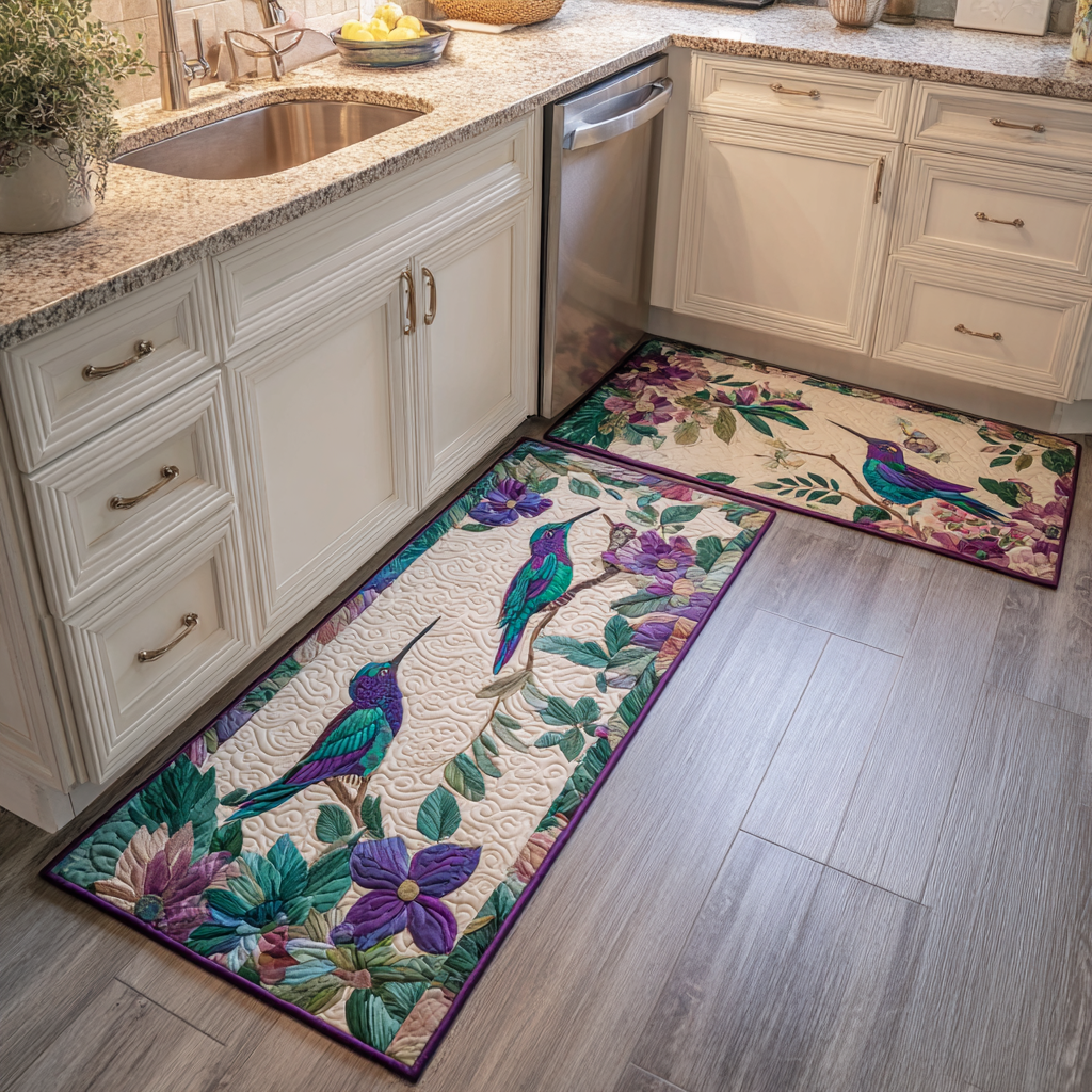 Lavender Hummingbirds kitchen mat set – hummingbirds on cream
