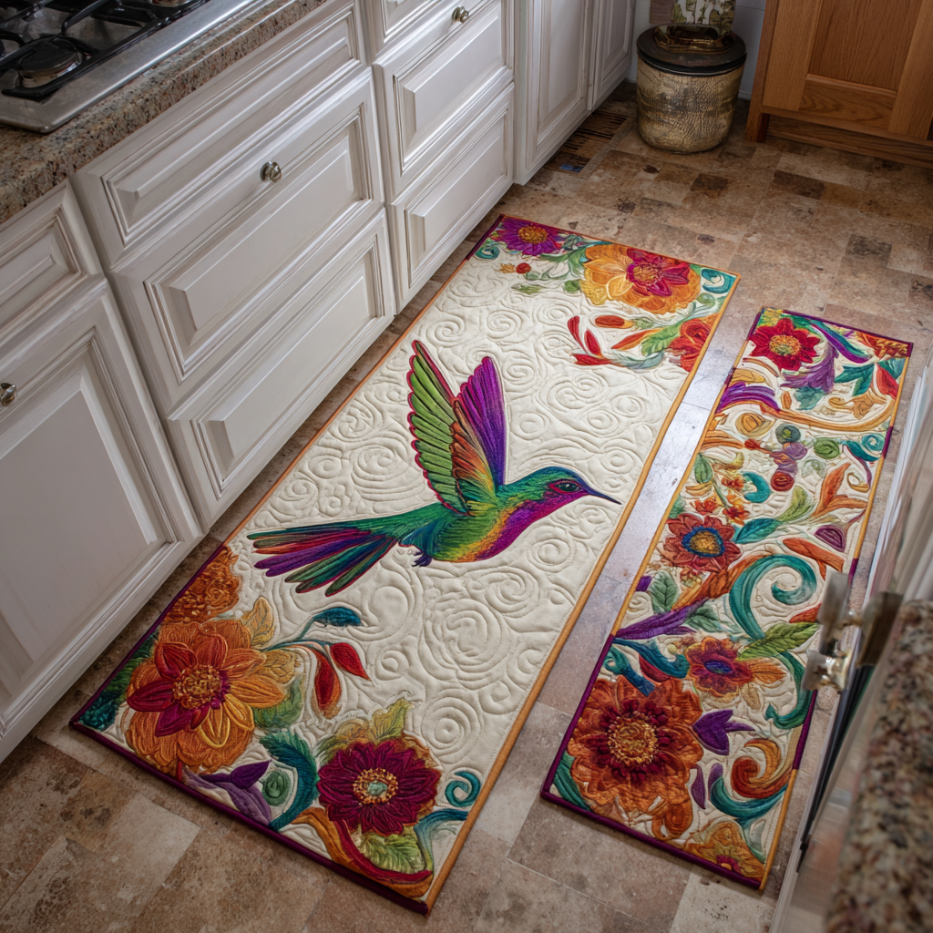 Delicate Hummingbird kitchen mat set – hummingbird and red flowers