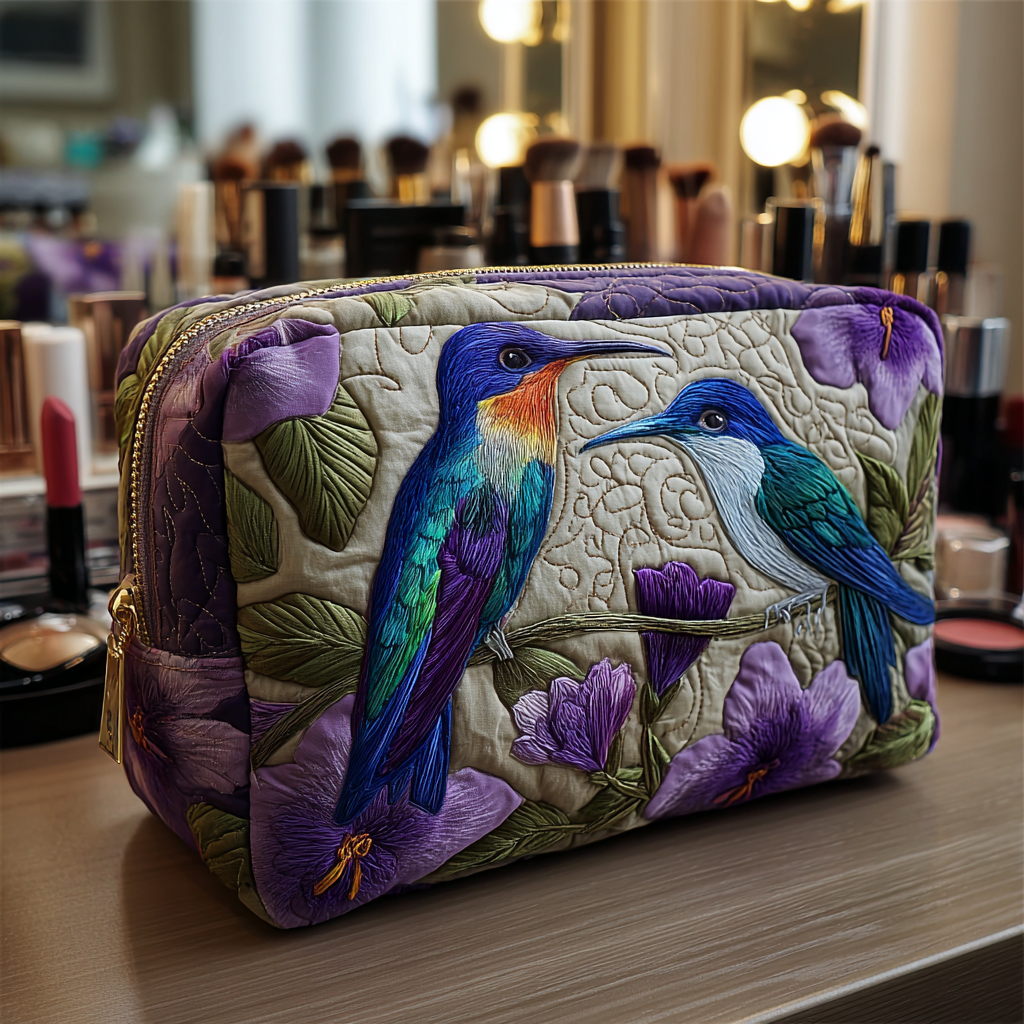 Hummingbird Whisper quilted make-up bag with pair of hummingbirds among violet flowers