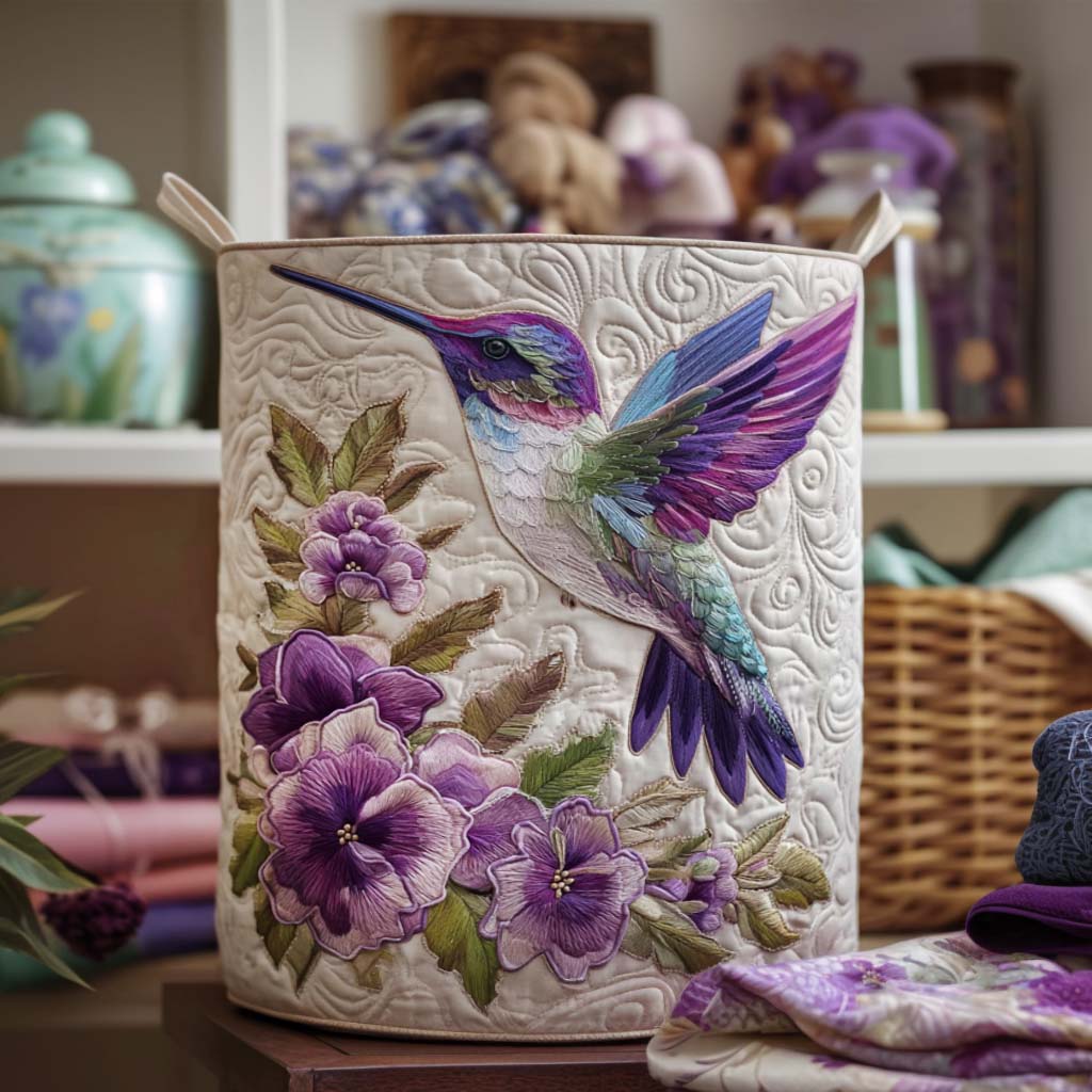 Quilted laundry basket with a violet hummingbird over purple pansies