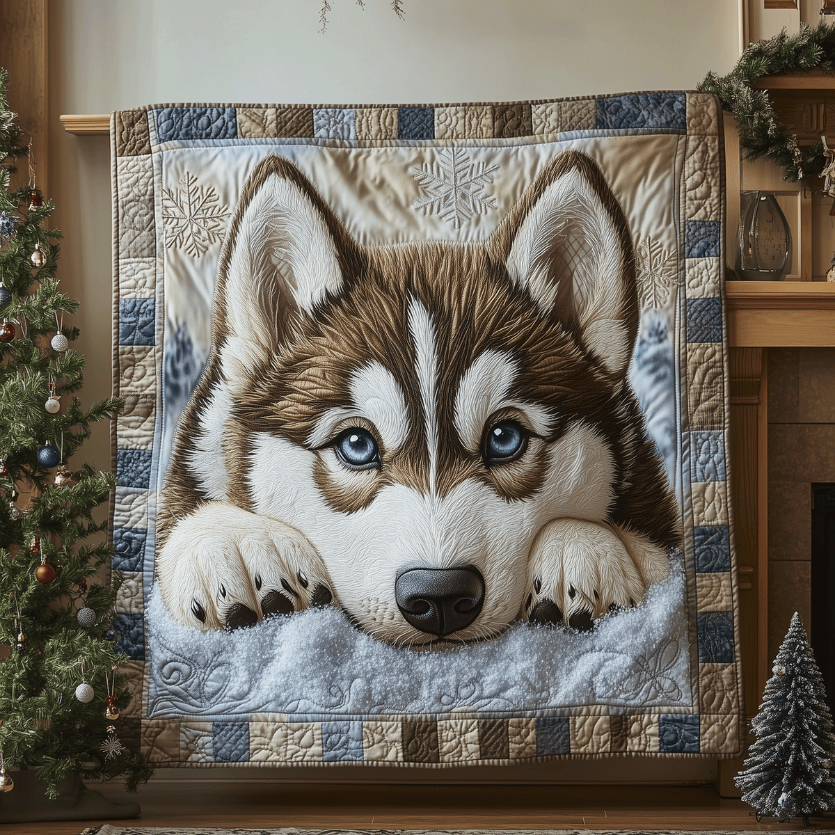Husky Puppy quilted throw – blue-eyed Husky puppy on white