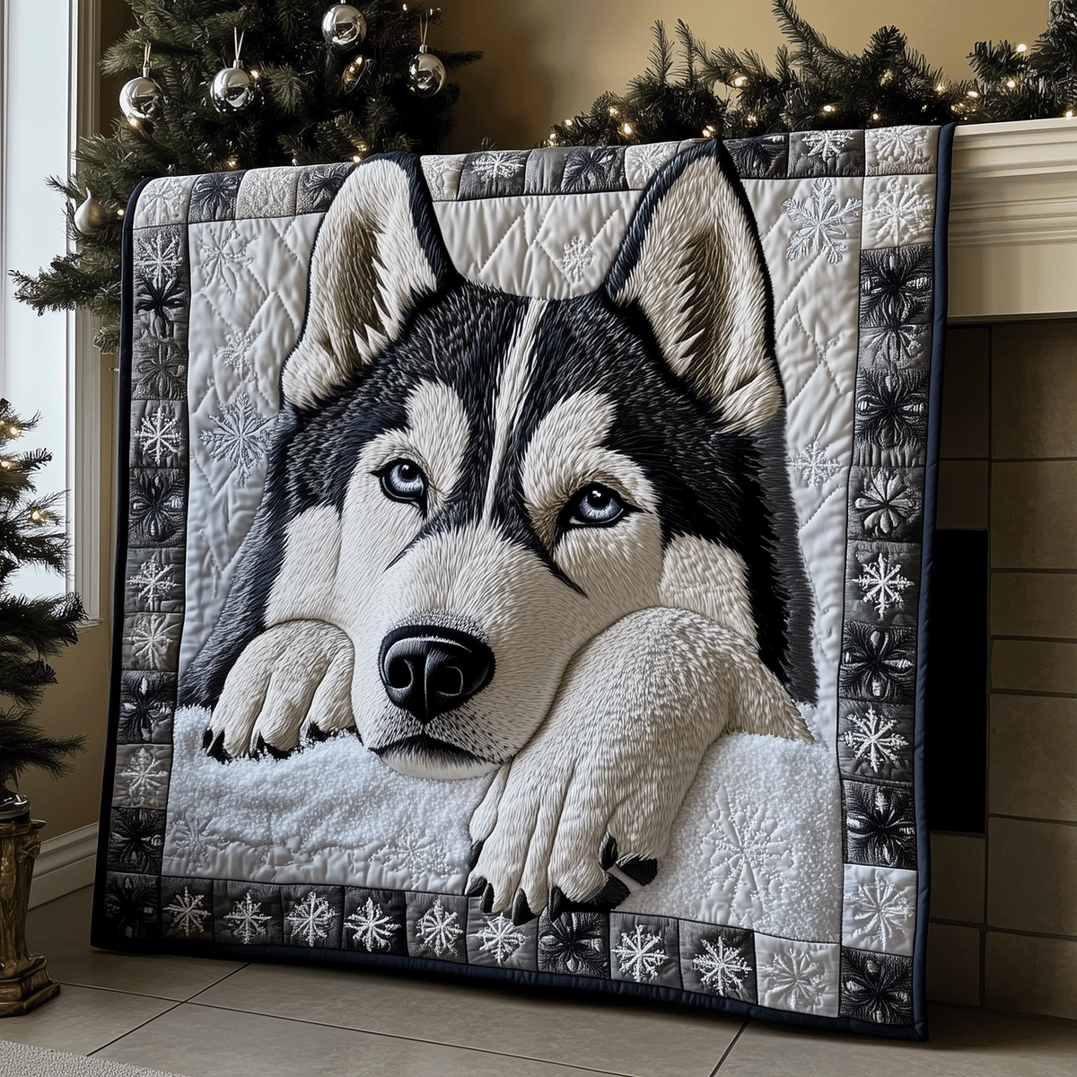 Husky Snowflakes quilted throw – husky with a snowflake border