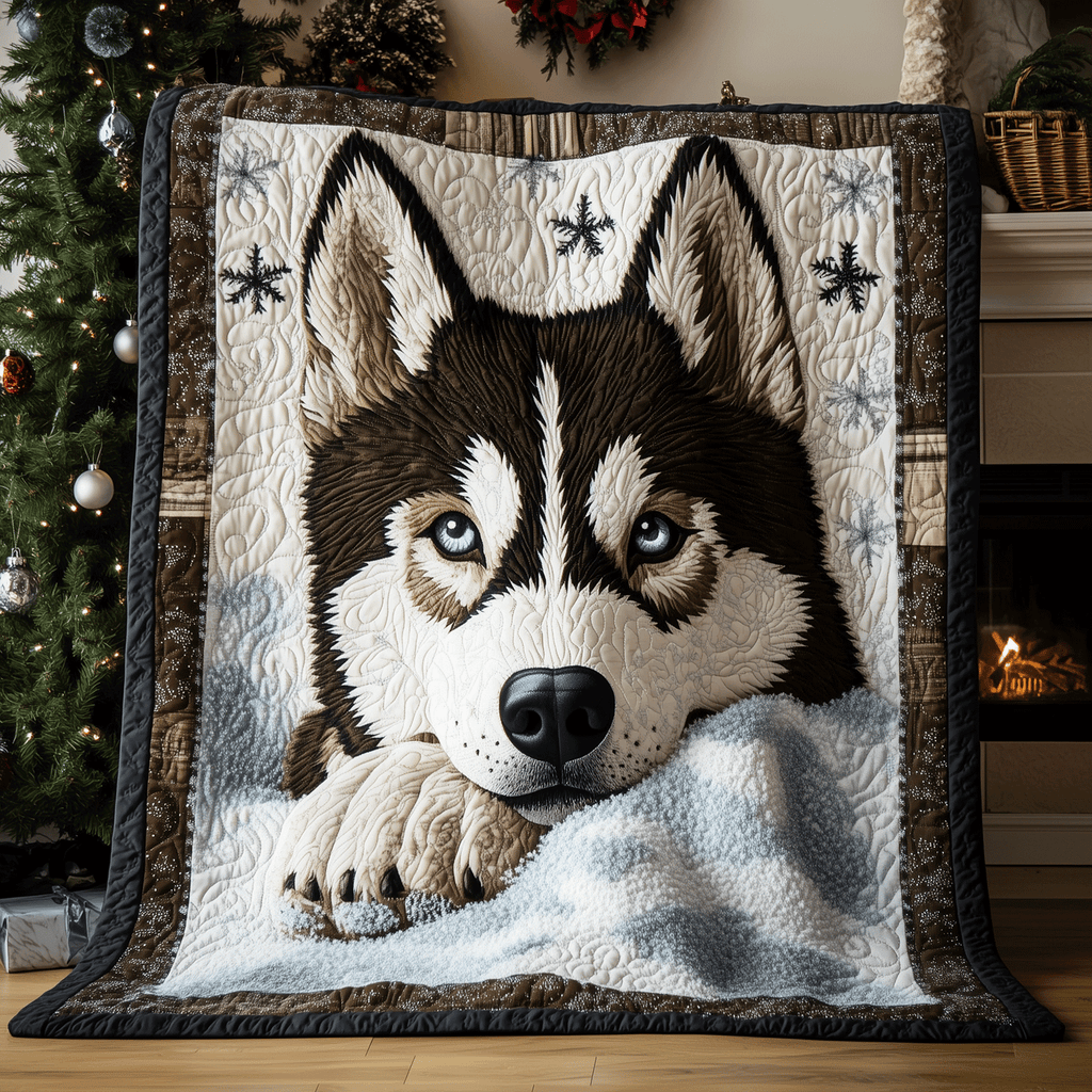 Husky by the Fireside quilted throw – black and white Husky on a soft blanket