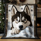 Husky by the Fireside quilted throw – black and white Husky on a soft blanket