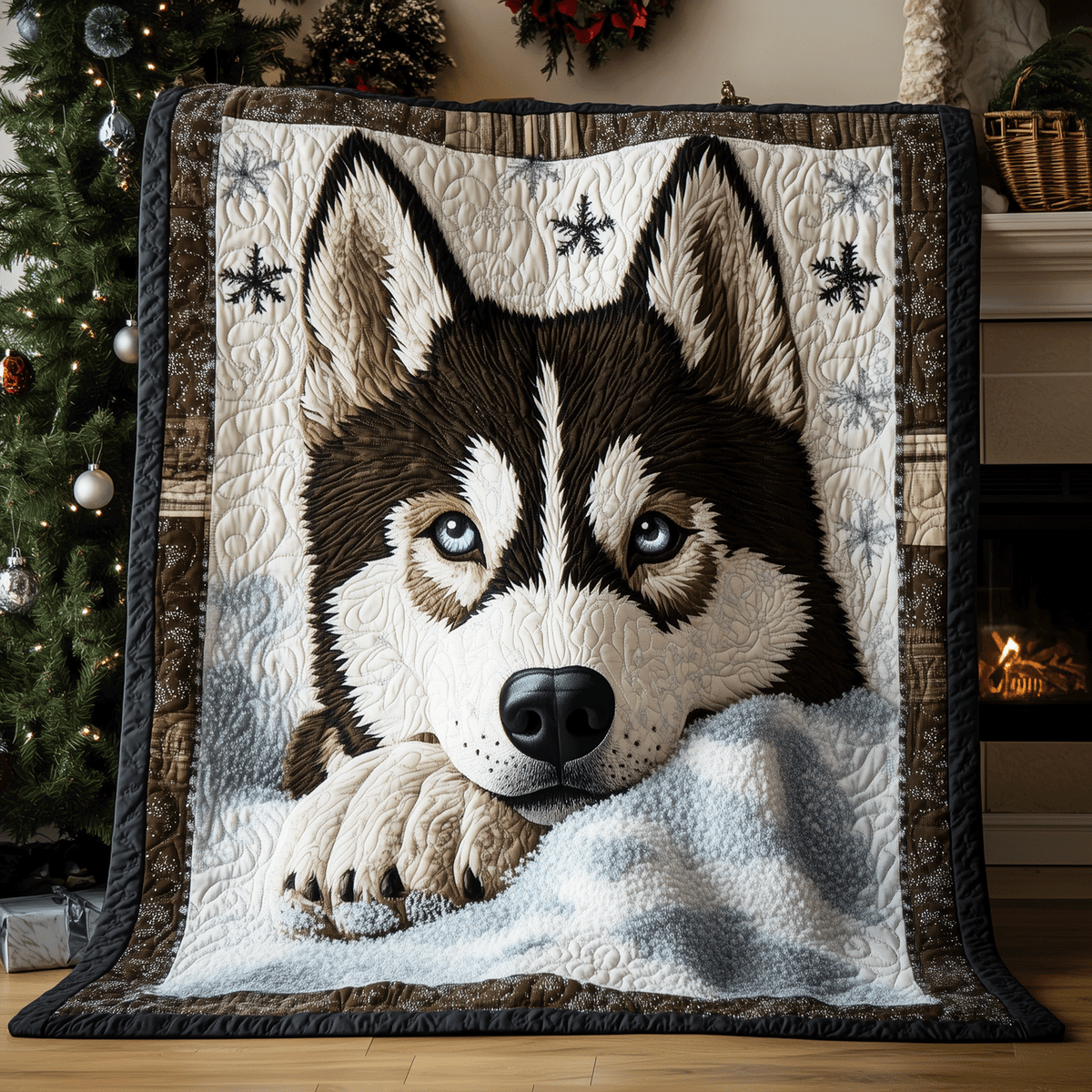 Husky by the Fireside quilted throw – black and white Husky on a soft blanket