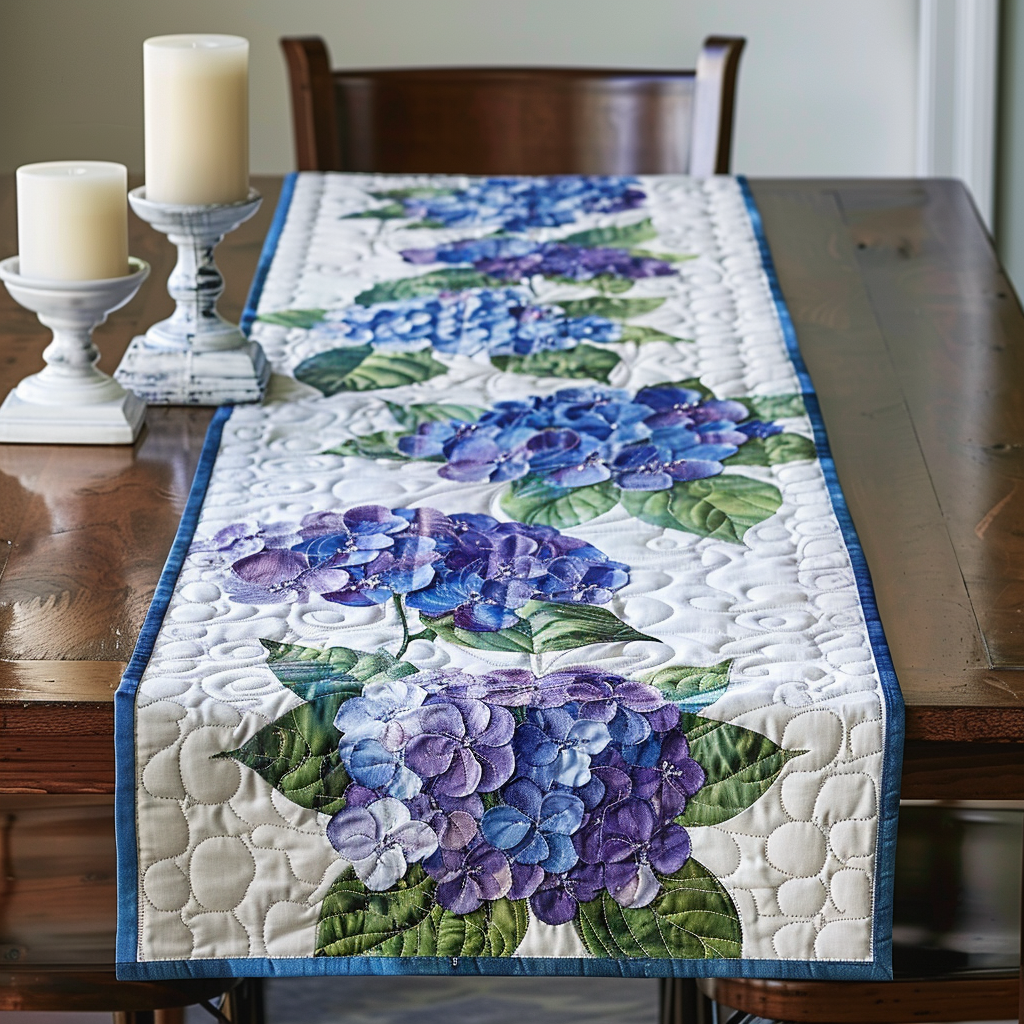Blue Hydrangea quilted table runner – blue and purple hydrangeas