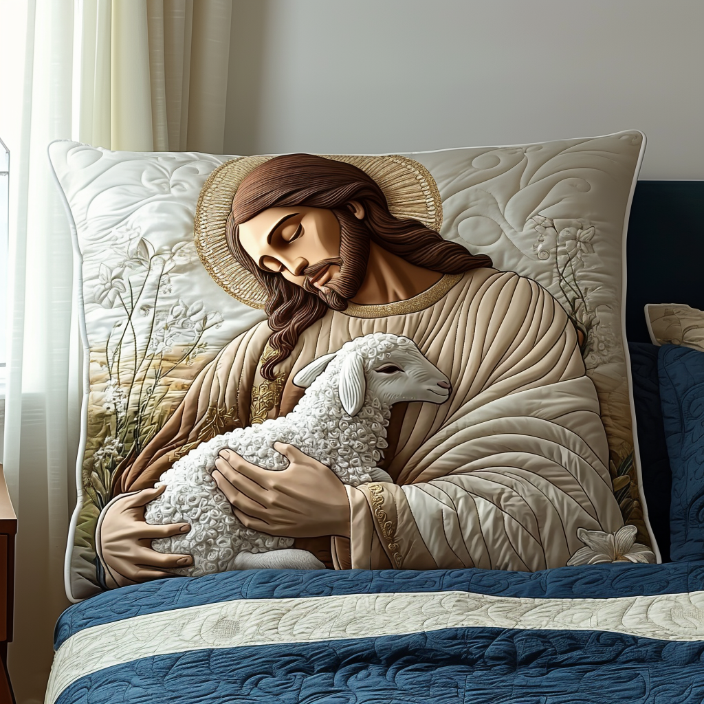 Shepherd and Lamb quilted pillowcase – jesus holding a little lamb