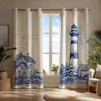 Blue and White Lighthouse quilted curtains – blue lighthouse sketch on cream