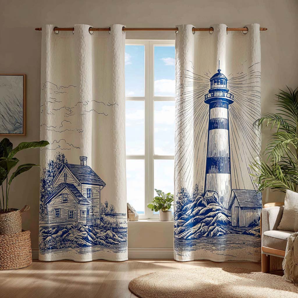 Blue and White Lighthouse quilted curtains – blue lighthouse sketch on cream