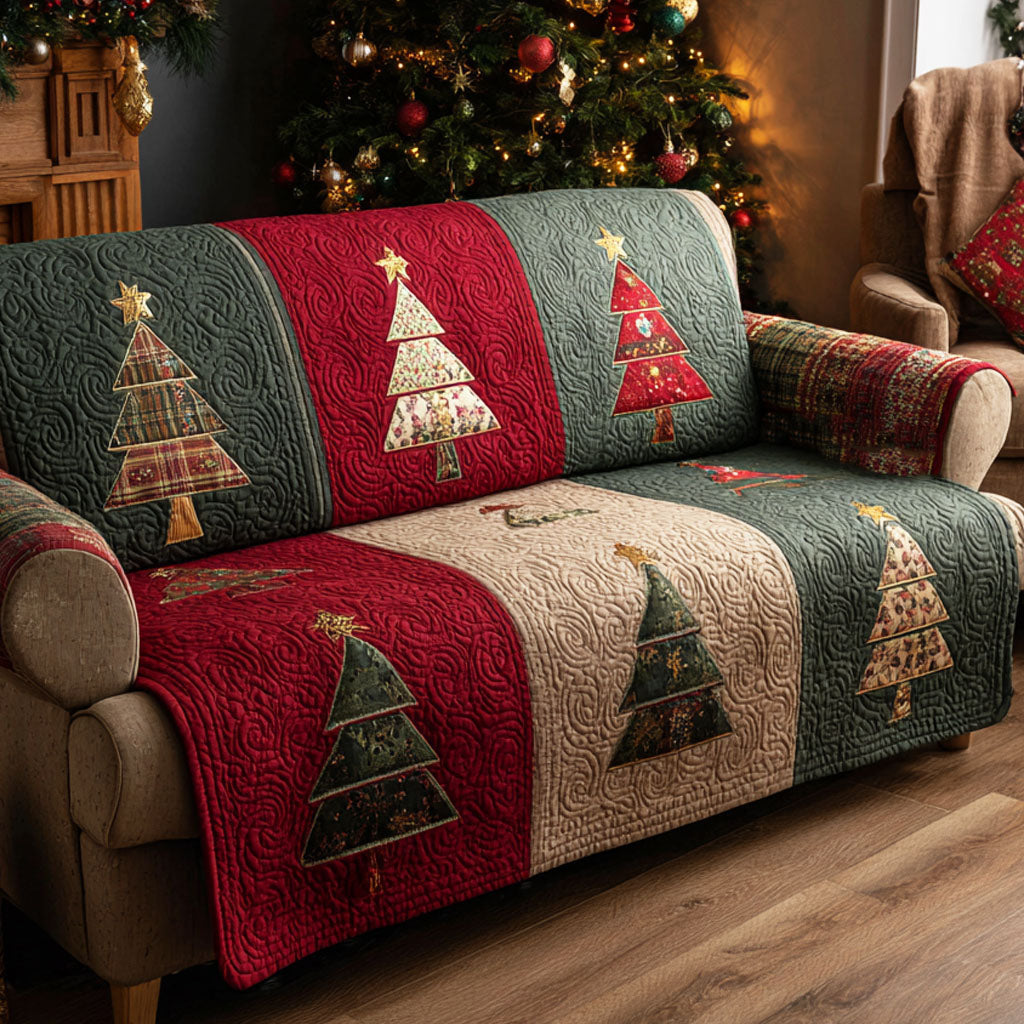 Christmas Tree Panels quilted sofa cover – christmas trees in red and green panels