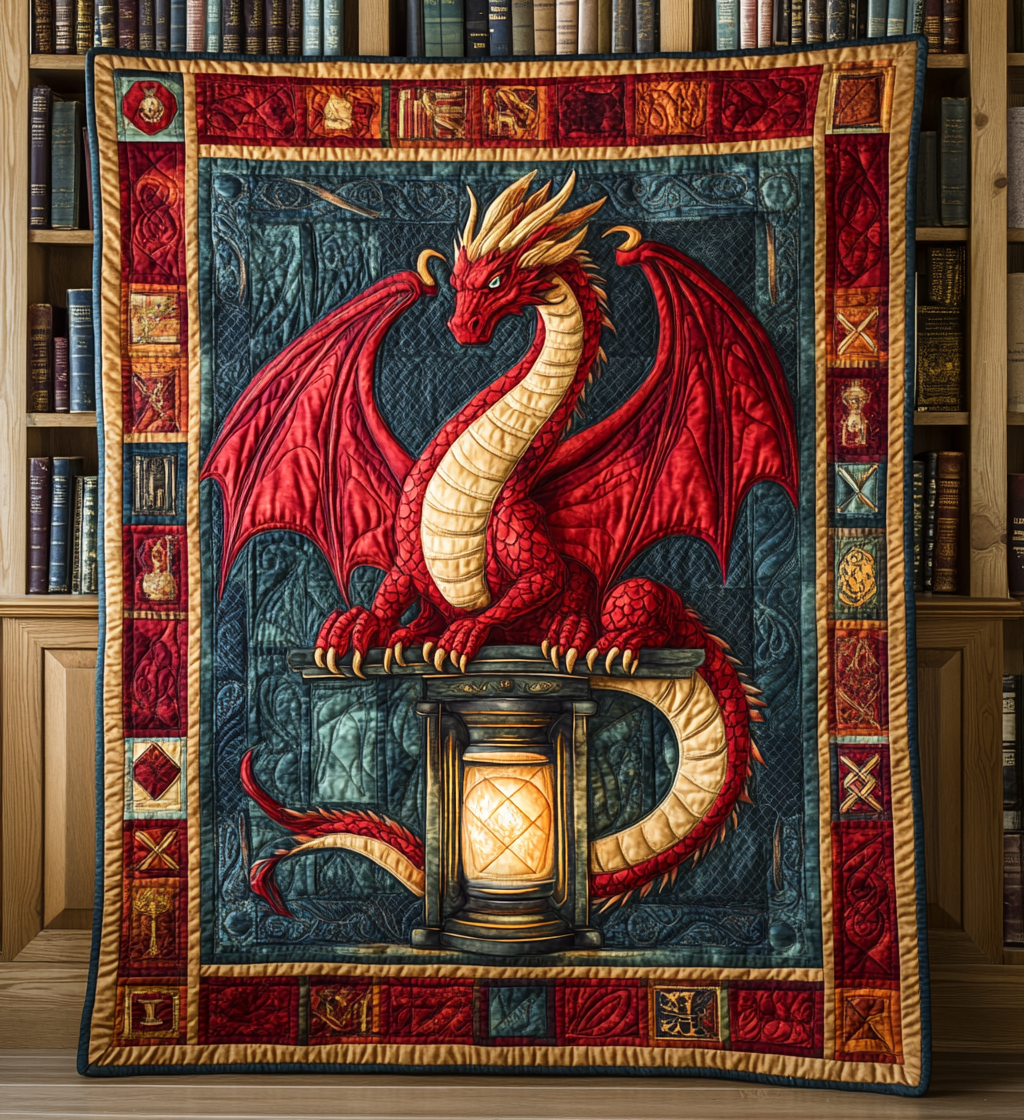 Lantern Dragon quilted throw – red dragon on a glowing lantern