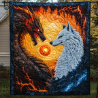 Fire and Ice quilted throw – fiery dragon and white wolf facing each other