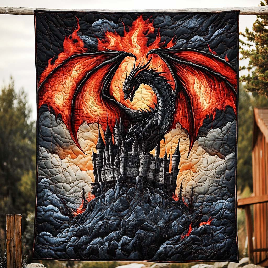 Dragon Castle quilted throw – fiery dragon above a dark castle