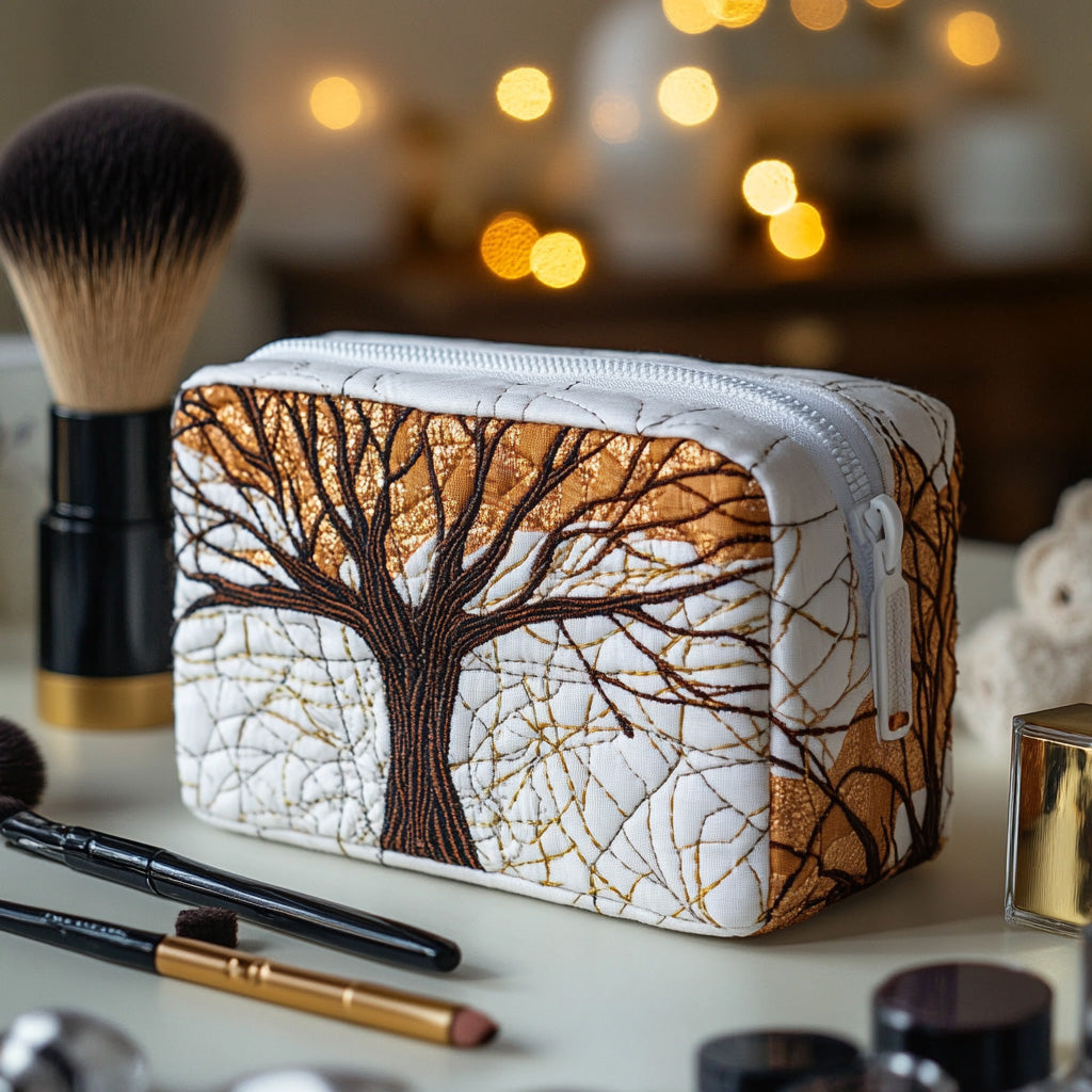 Infinite Canopy quilted make-up bag with stained-glass tree of life in brown, cream and amber
