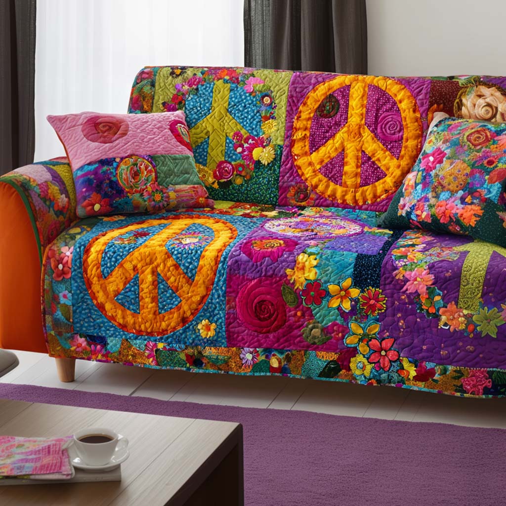 Peace Sign Patchwork quilted sofa cover – peace signs in bright patchwork