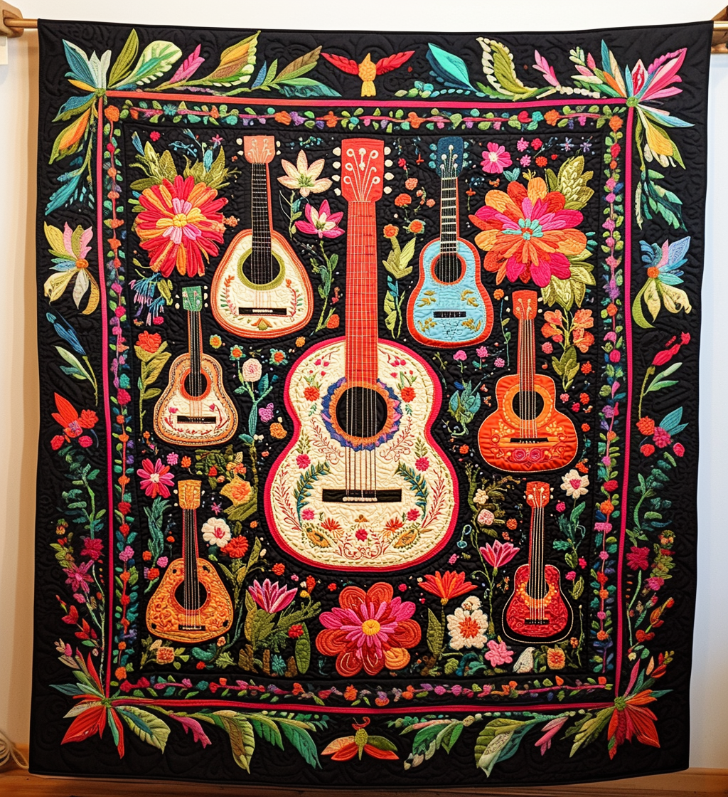 Folk Guitars art quilt – folk guitars