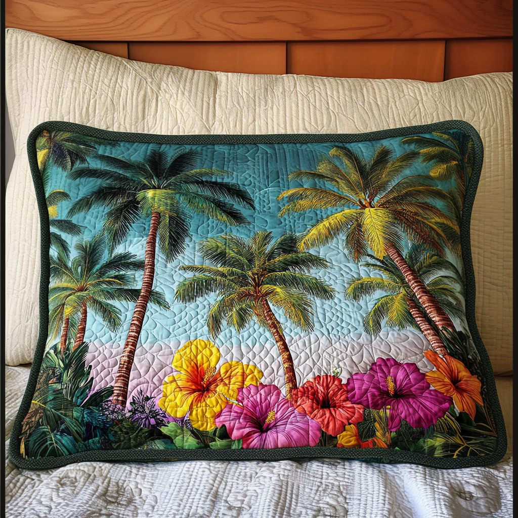 Palms and Hibiscus quilted pillowcase – palm trees above pink hibiscus