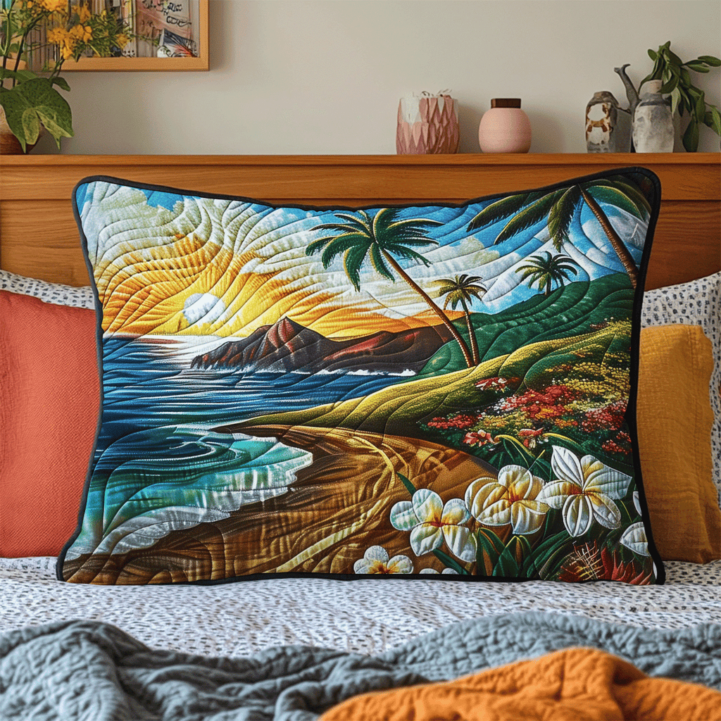 Island Sunset Path quilted pillowcase – sandy path along a bay at sunset