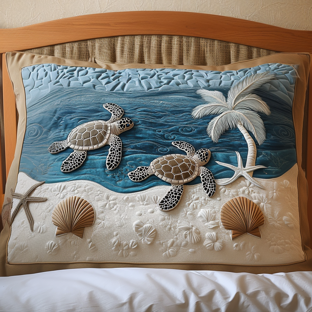 Turtles and White Palms quilted pillowcase – sea turtles on white sand by a palm