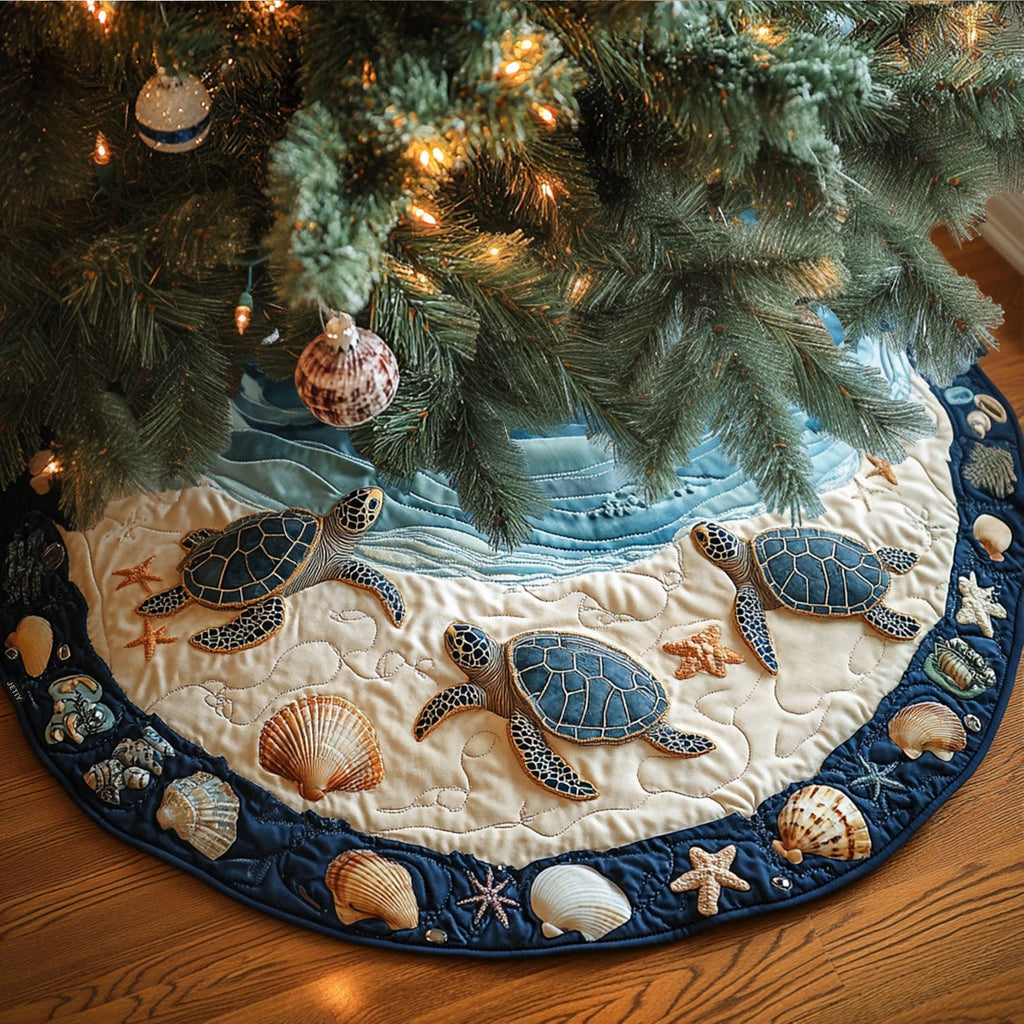 Sea Turtle Shore quilted Christmas tree skirt – sea turtles and shells on a sandy shore
