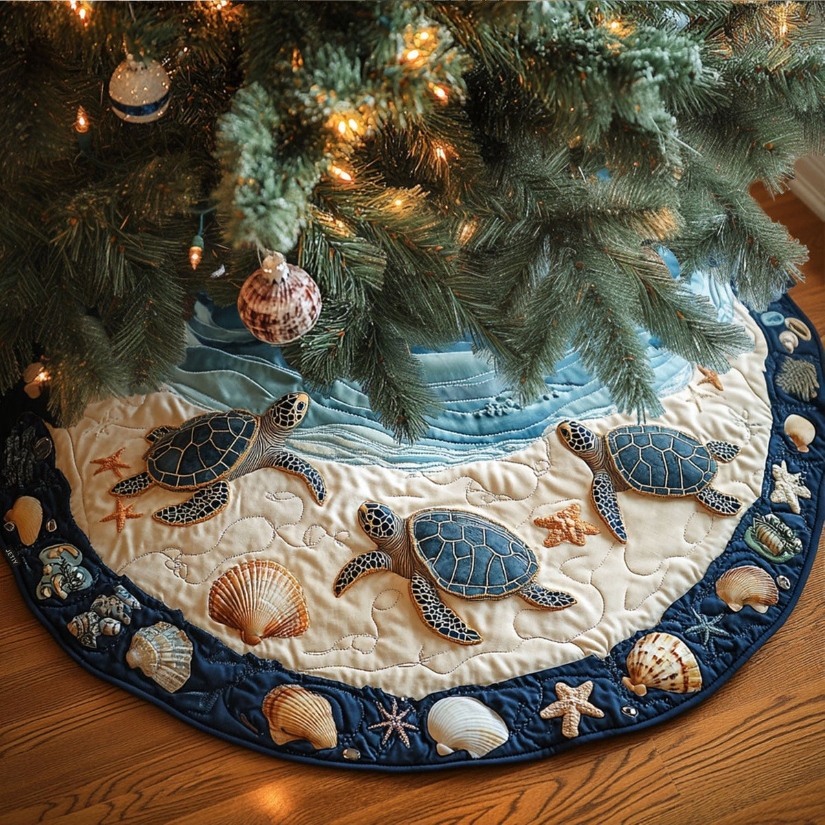 Sea Turtle Shore quilted Christmas tree skirt – sea turtles and shells on a sandy shore