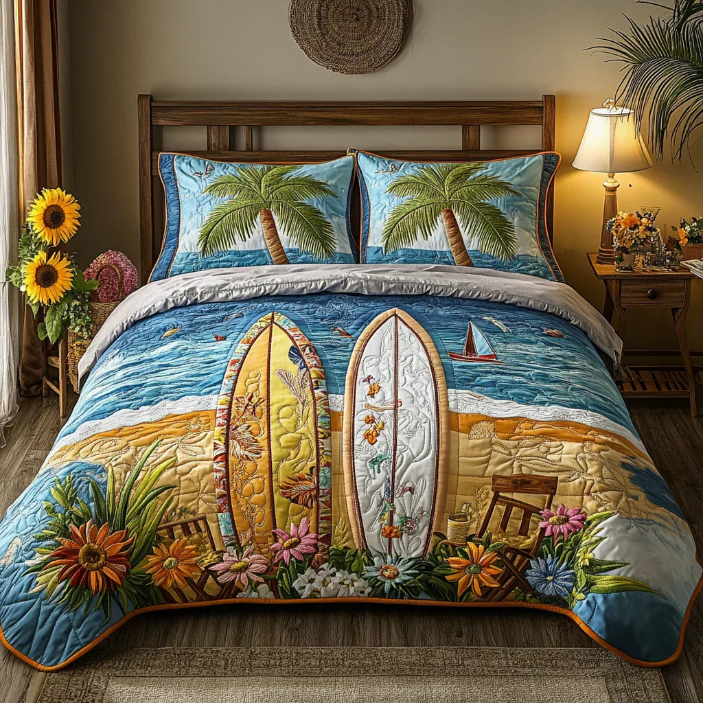 Quilted bedspread set with palm fronds and hibiscus flowers on a clear turquoise ground in the Island Breeze design