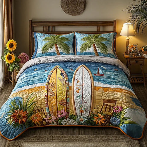Quilted bedspread set with palm fronds and hibiscus flowers on a clear turquoise ground in the Island Breeze design
