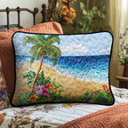 Palm Tree Cove quilted pillowcase – palm tree framing a sandy cove