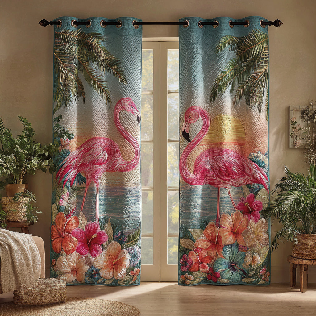 Island Flamingos quilted curtains – flamingos among hibiscus