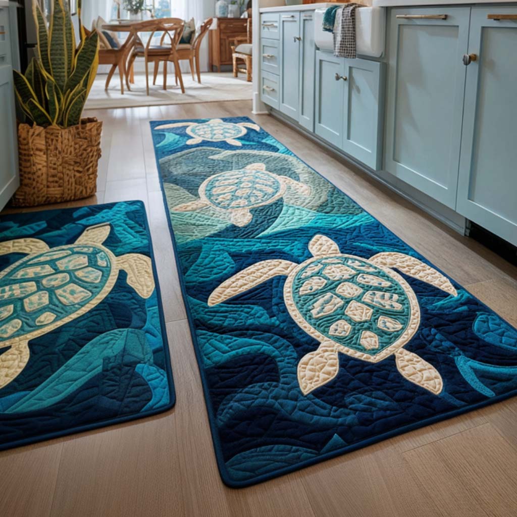 Tropical Turtles kitchen mat set – turtles in navy waves