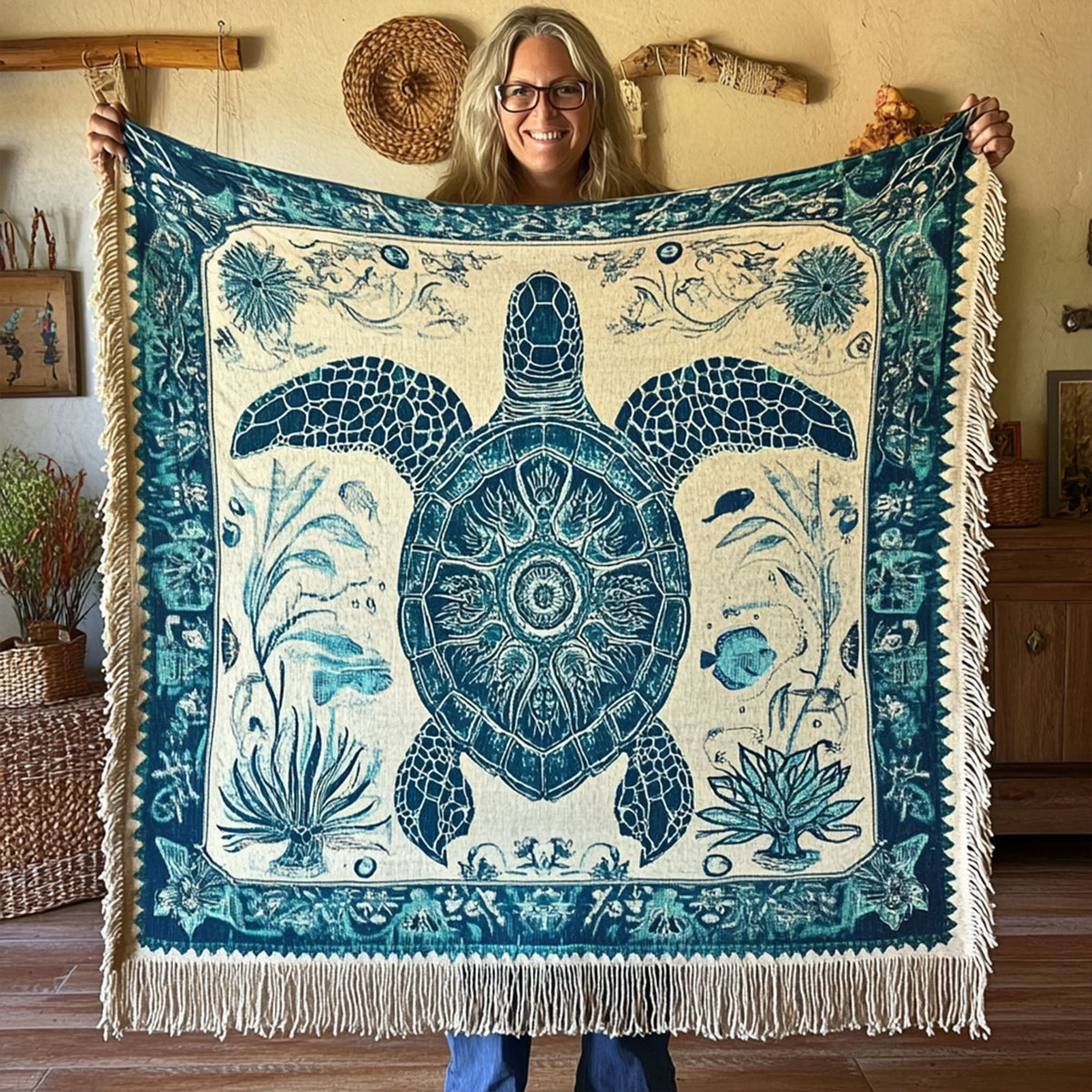 Blue Willow Turtle woven sofa throw – blue patterned turtle on cream