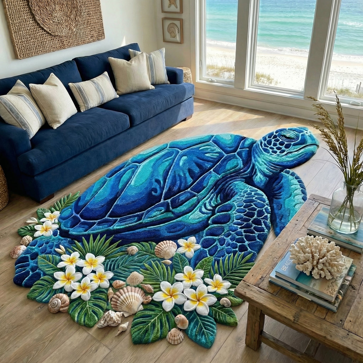 Island Turtle shaped rug – turtle and frangipani