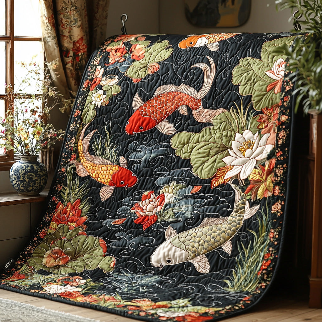 Koi and Lotus quilted throw – koi among lotus flowers on black