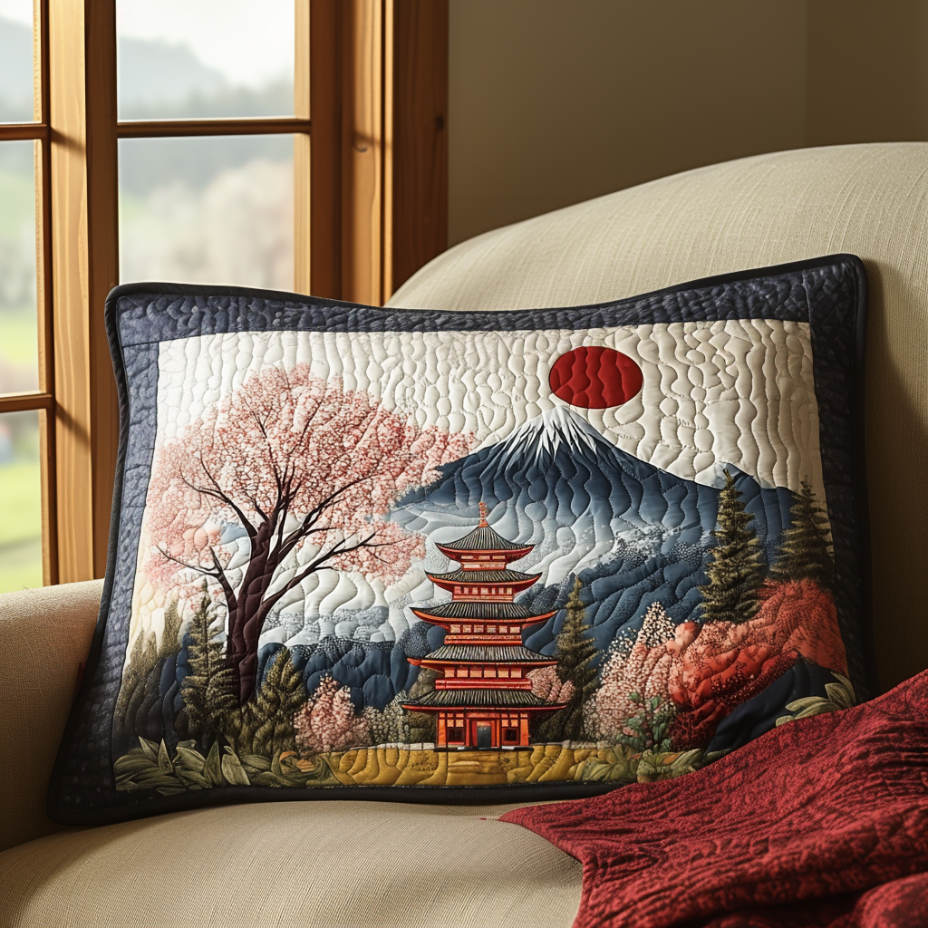 Pagoda and Mount Fuji quilted pillowcase – pagoda beneath a snowy mountain and red sun