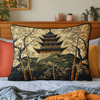 Bamboo Pagoda quilted pillowcase – dark pagoda above a bamboo grove