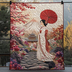 Geisha in Blossom quilted throw – geisha beneath cherry blossom and Mount Fuji