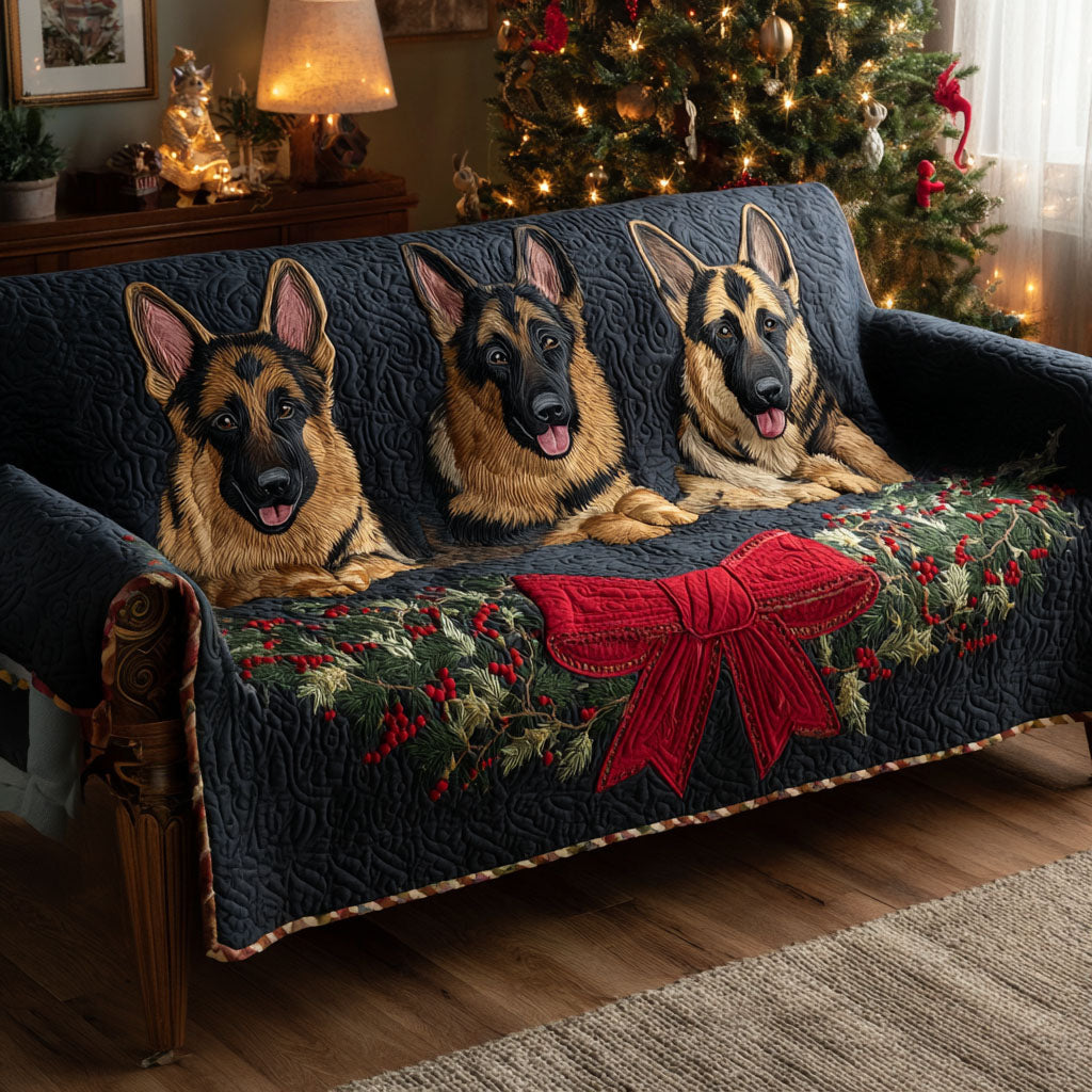 Shepherds and Bow quilted sofa cover – german Shepherds with a red bow