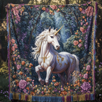 Unicorn Rose Garden fringed throw – white unicorn in a rose garden