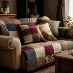 Autumn Plaid Squares quilted sofa cover – burgundy and navy plaid patchwork