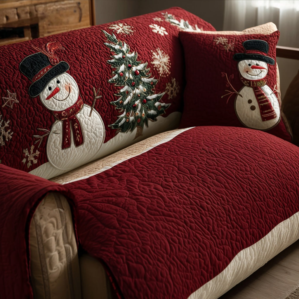 Snowman on Red quilted sofa cover – snowman by a pine on red