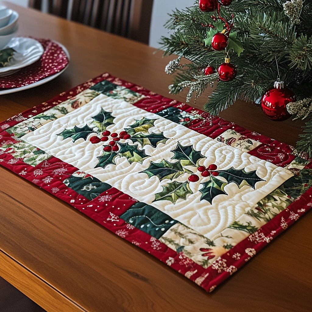 Jingle Joy quilted placemats – holly on cream
