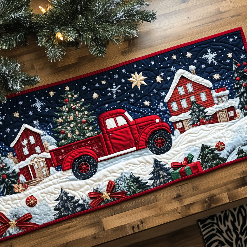 Red Truck Village quilted table runner – red truck past snowy houses