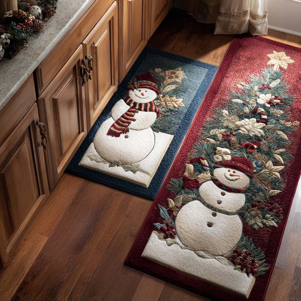 Jingle Frost kitchen mat set – snowmen and Christmas tree