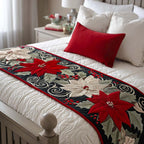 Poinsettias on Navy quilted bed runner – red and white poinsettias on navy