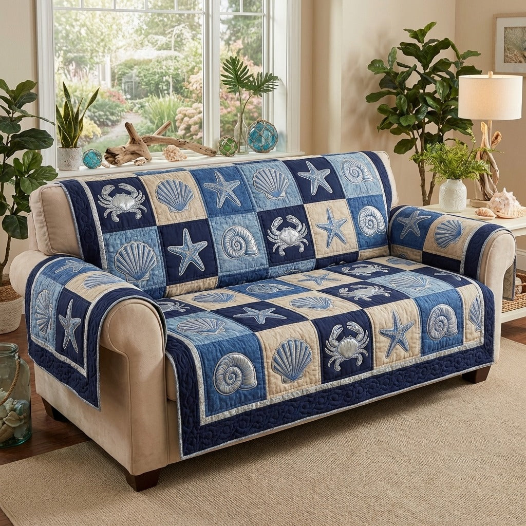 Navy Shell Patchwork quilted sofa cover – shells in navy and cream patchwork