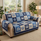 Navy Shell Patchwork quilted sofa cover – shells in navy and cream patchwork